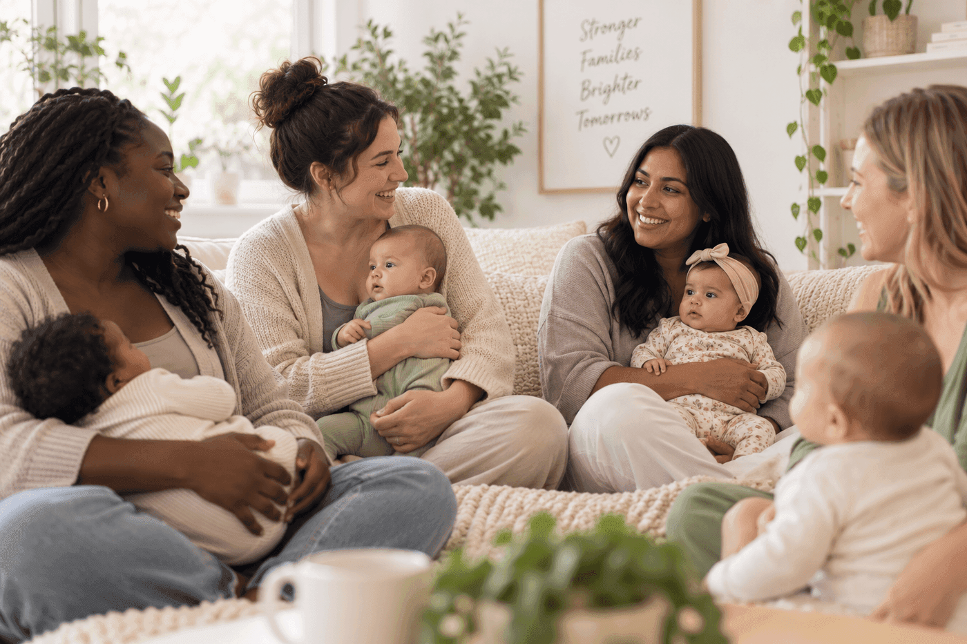 Parents sitting together with their babies.