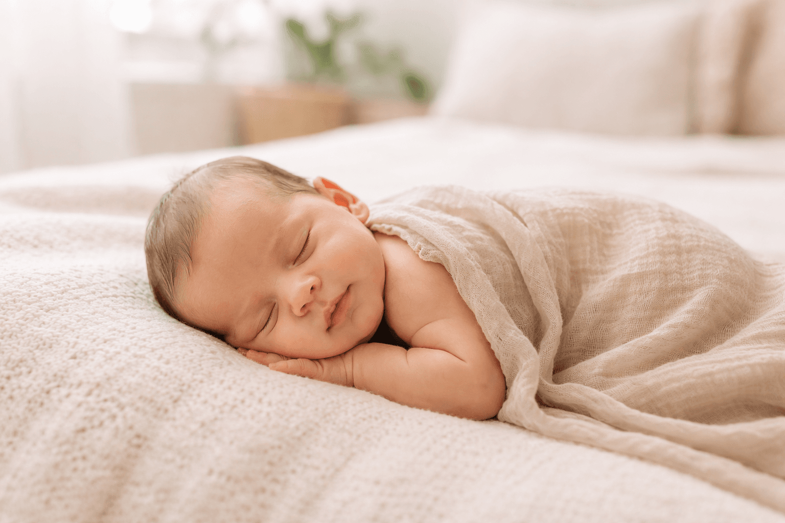 Swaddled newborn resting peacefully in a calm home environment