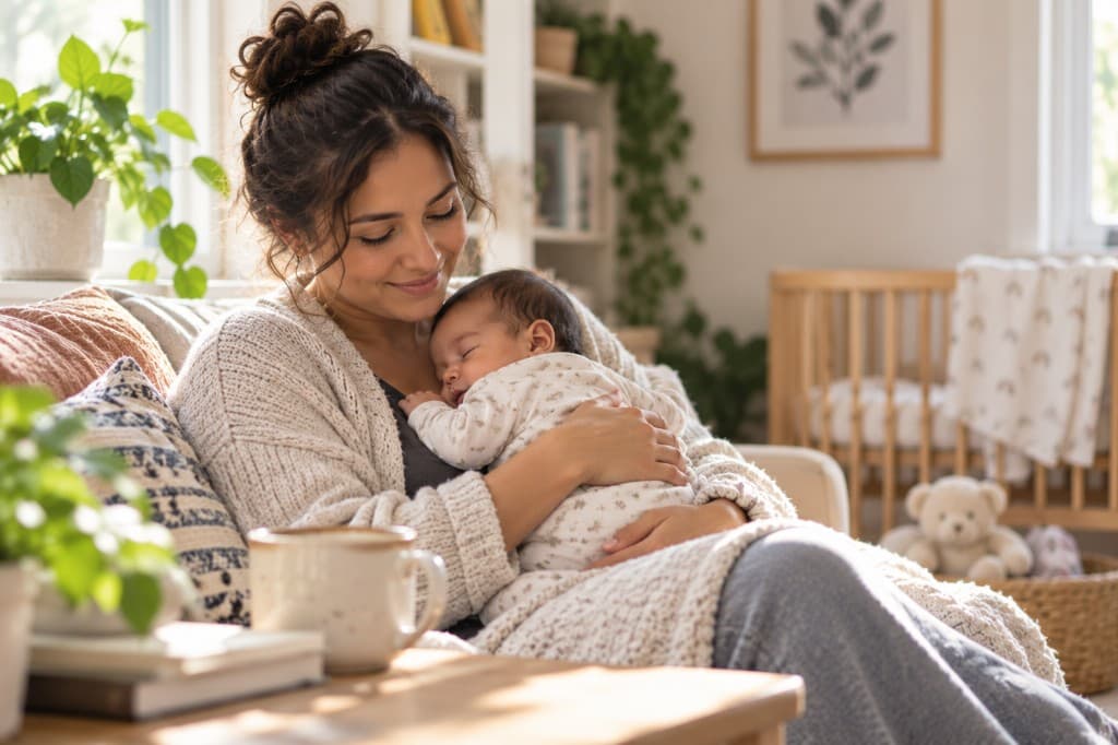 Parent holding a sleeping newborn in a peaceful home setting.