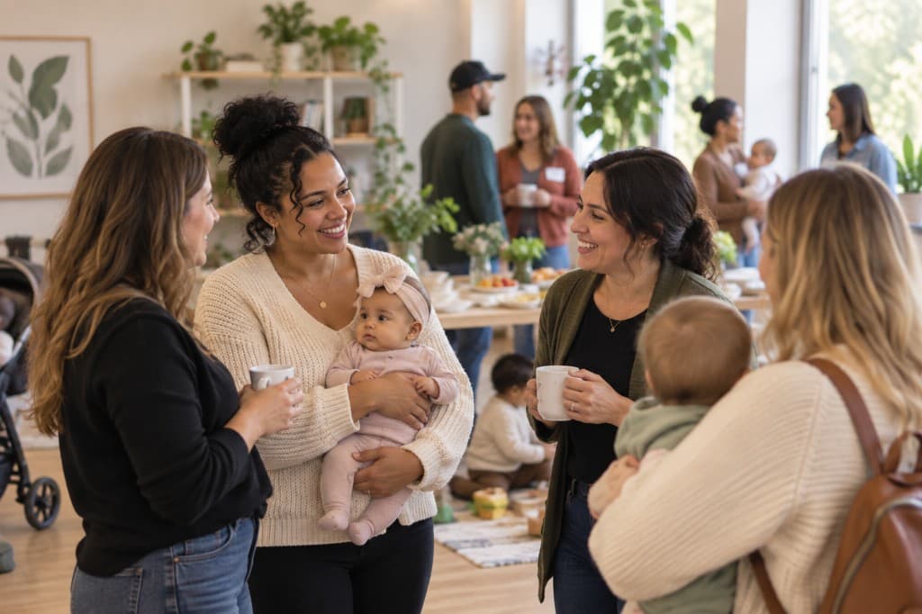 Parents and community members gathering together with young children.
